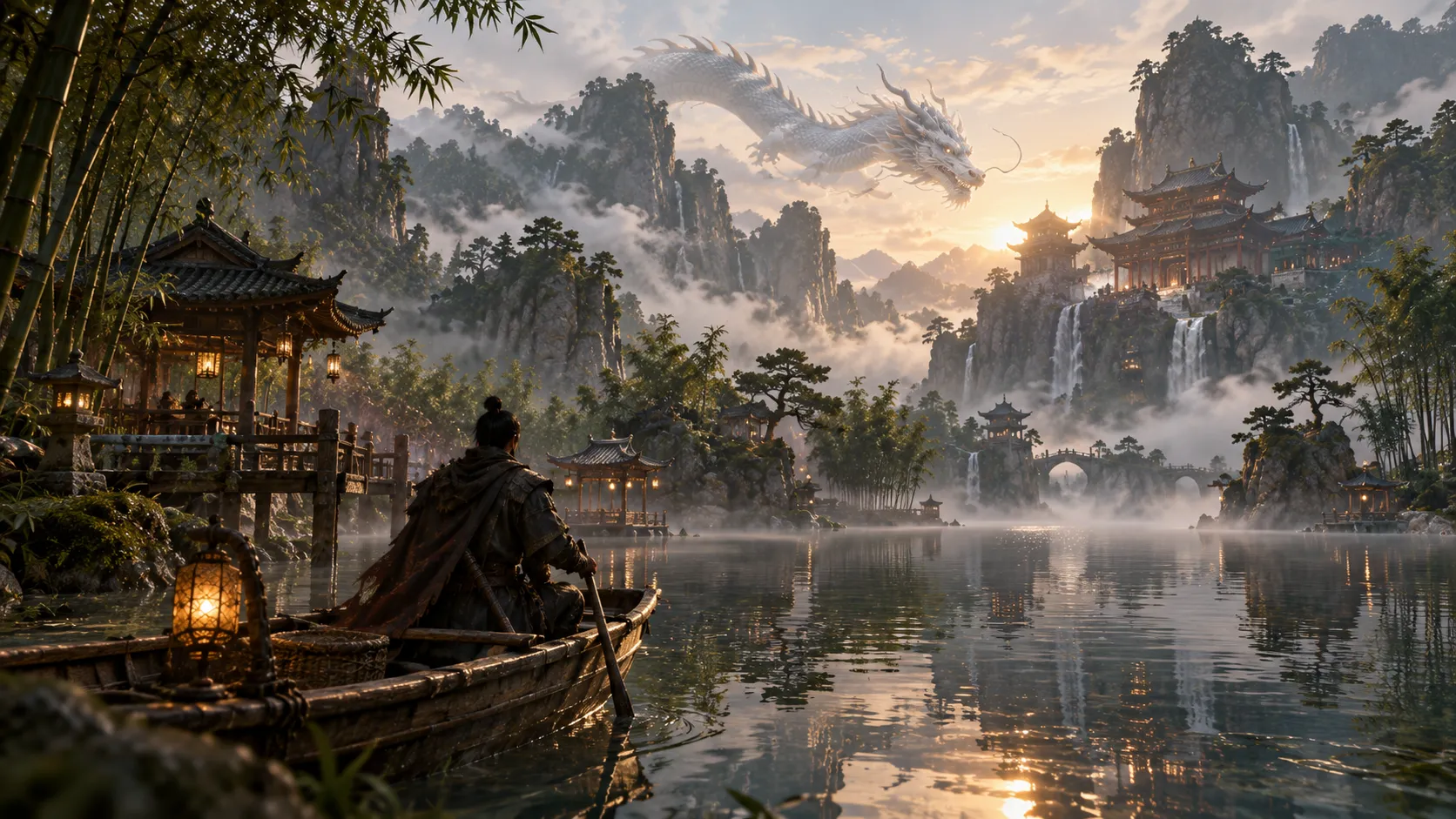 A boat crossing a misty lake in the Drowned Terraces